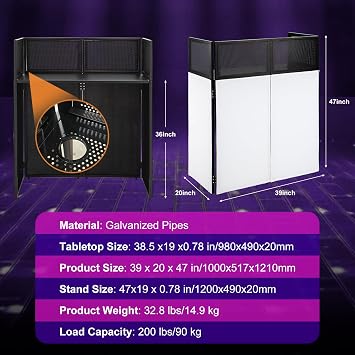 Portable DJ Booth Facade Stand | Foldable DJ Table with 38.5x19 Surface & Cable Hole | Includes Black/White Scrims & Carry Bag for Events, Parties, Mobile DJs (DJ Station, Event Facade)