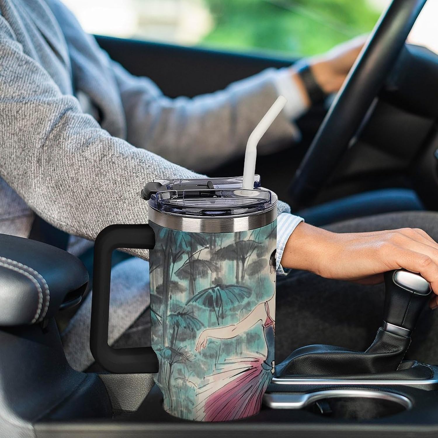 40oz Large Capacity Car Cup Classical Ballet Elegant Ballerina Tumbler Double Wall Vacuum Insulated Water Bottle Leak-proof Tumbler with Handle And Straw Insulated Cup Travel Mug