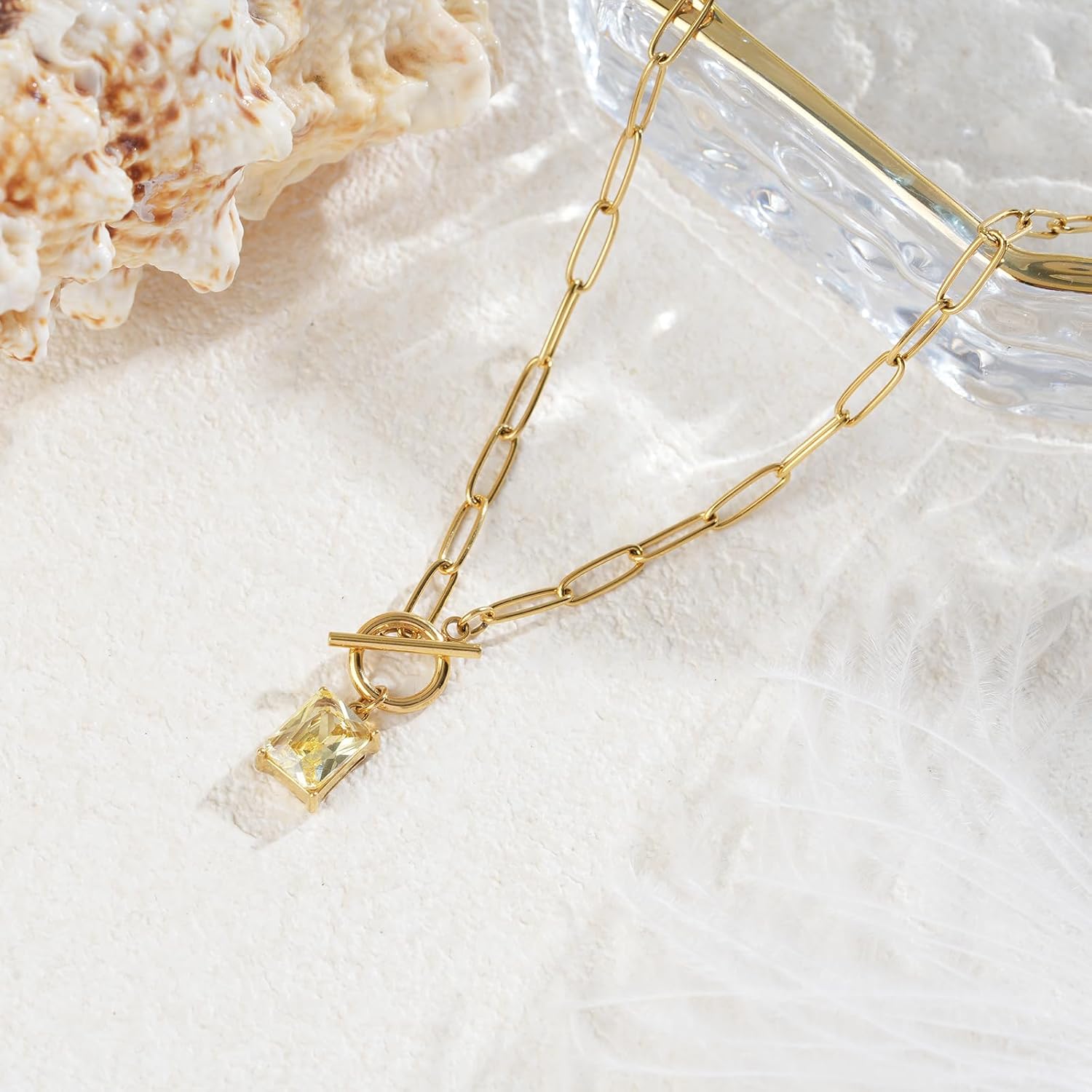 Natural Stone Paperclip Toggle Necklace Dainty Size Heart/Round Teardrop Gemstone Paper Clip Chain Necklace Birthstone Jewelry Gift for Women