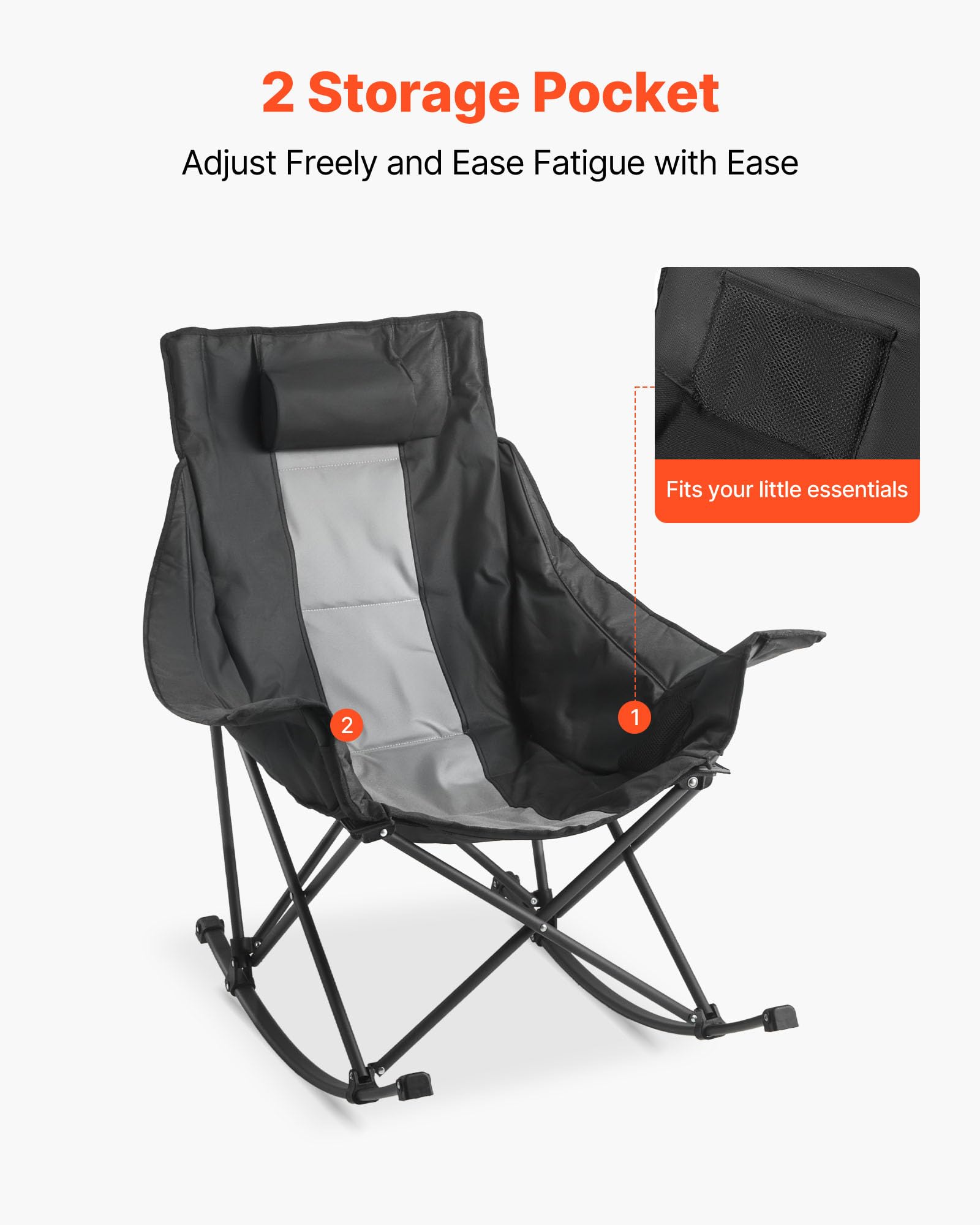 VEVOR Chaise à Bascule Pliante de Camping avec Poches, Sac de Transport, Capacité Charge 102 kg, Chaise Rembourrée Portable pour Terrasse, Jardin, Arrière-Cour, Détente en Plein Air