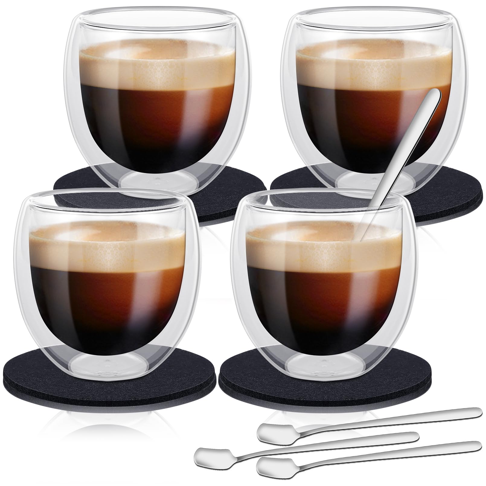 Lot tasses expresso double paroi en verre avec cuillère et soucoupe