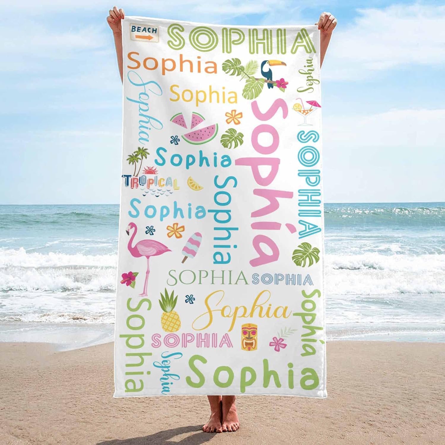 YESCUSTOM Personalized Name Beach Towels for Kids Boys Girls, Custom Beach Towel with Name, Customized Tropical Summer Print Bath Pool Towels for Travel Swim Summer Birthday Party Gift