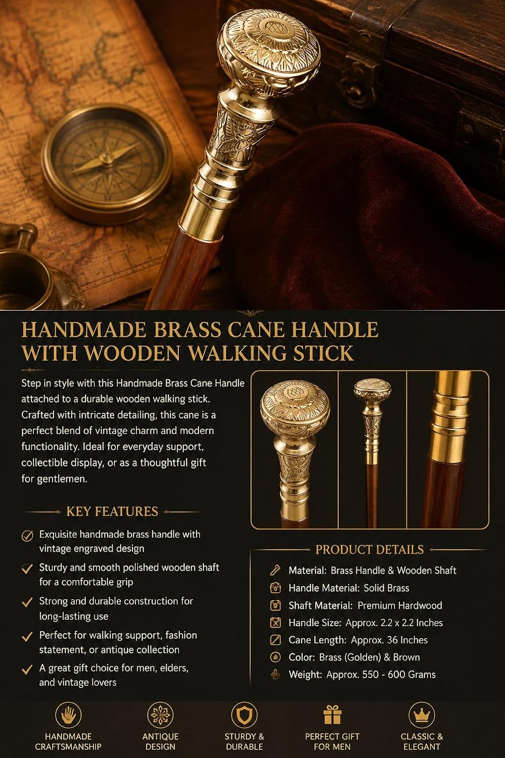 Handmade Brass Engraved Handle (Only) for Walking Stick | Vintage, Round Head Handle Receplacement for Walking Stick & Cane for Men, Women, Senoirs & Home Decor