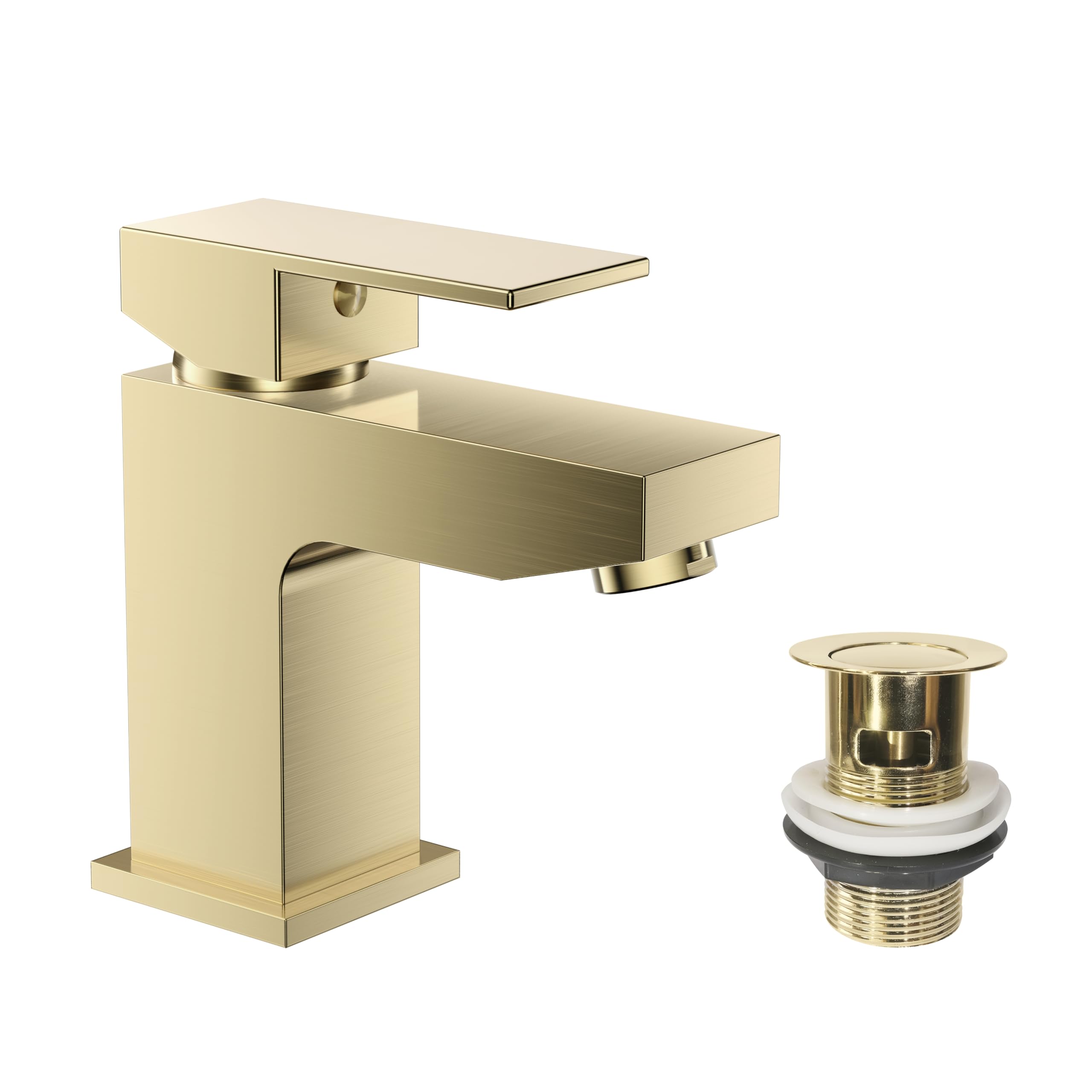 Veebath Brushed Brass Mist Mono Basin Mixer Tap With Waste – Modern Finish, Single Lever Control, G1/2" Bsp Inlet, Deck Mounted Square Bathroom Taps, Sink Mixer Tap For Bathroom