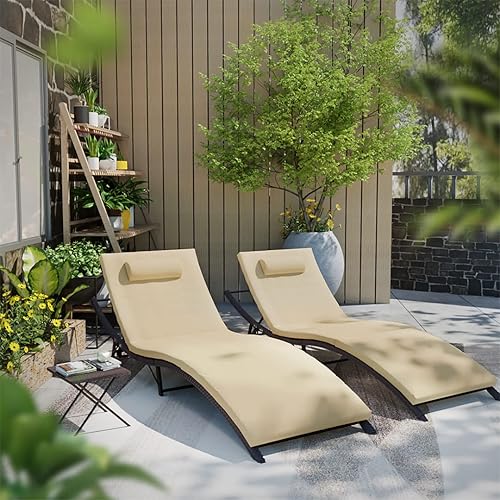 Miniatura 8 de Kullavik Lounge Chair for Outside,3 Pieces Chaise Lounge Outdoor Folding Pool Lounge Chairs Including Table Rattan Patio Furniture Set,Khaki