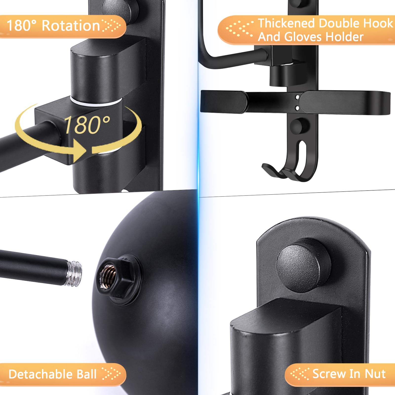 Kikerike Soporte de pared para casco de motocicleta, rotación de 180 grados, soporte de metal para casco de bicicleta, soporte para casco de bicicleta con 2 ganchos para motocicleta, bicicleta