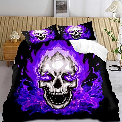 Miniatura 8 de LUVIVIHOME Juego de edredón de 3 piezas con diseño de calavera, juego de ropa de cama gótico, edredón blanco, esqueleto, rosa, cerezo, flores,