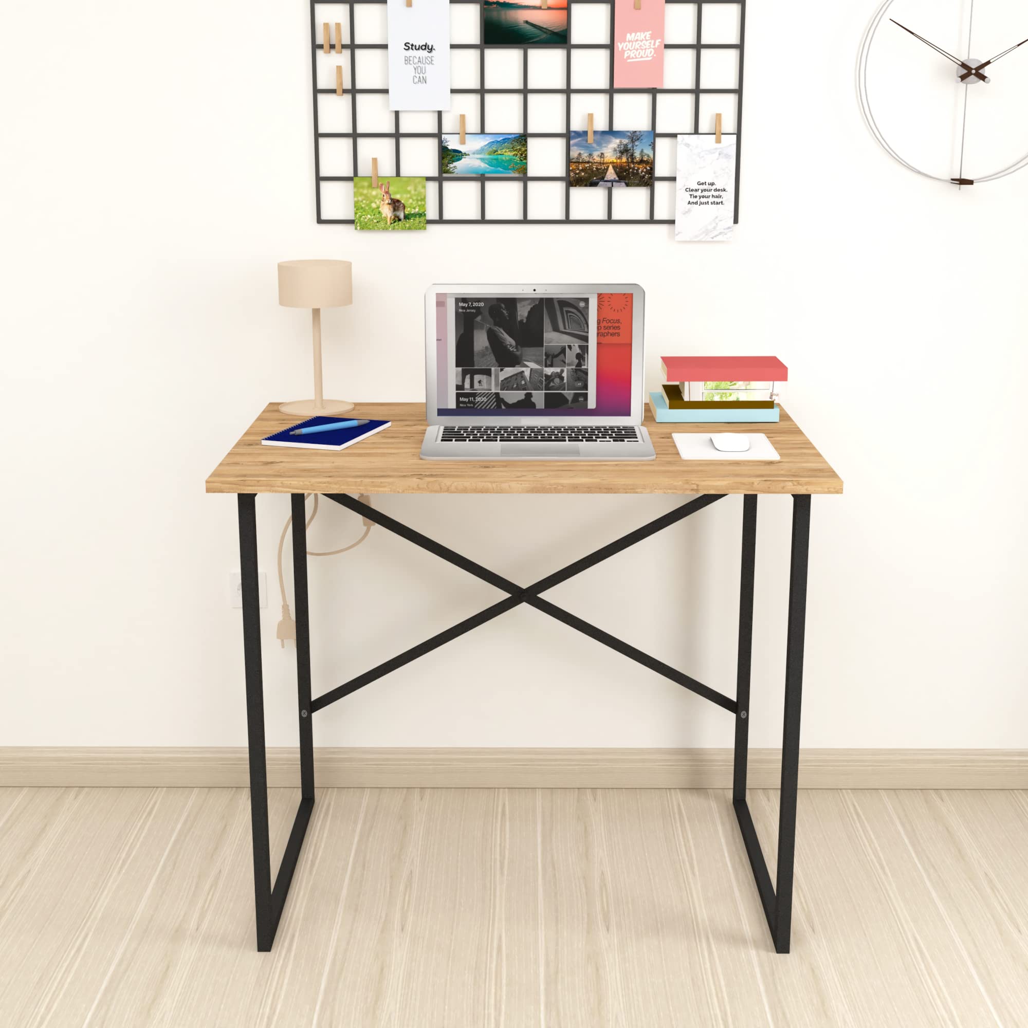 [en.casa] Scrivania 74 x 90 x 60 cm Tavolo da Studio Postazione di Lavoro Desk Industriale per Casa Ufficio Telaio in Metallo Piano Tavolo in Effetto Rovere