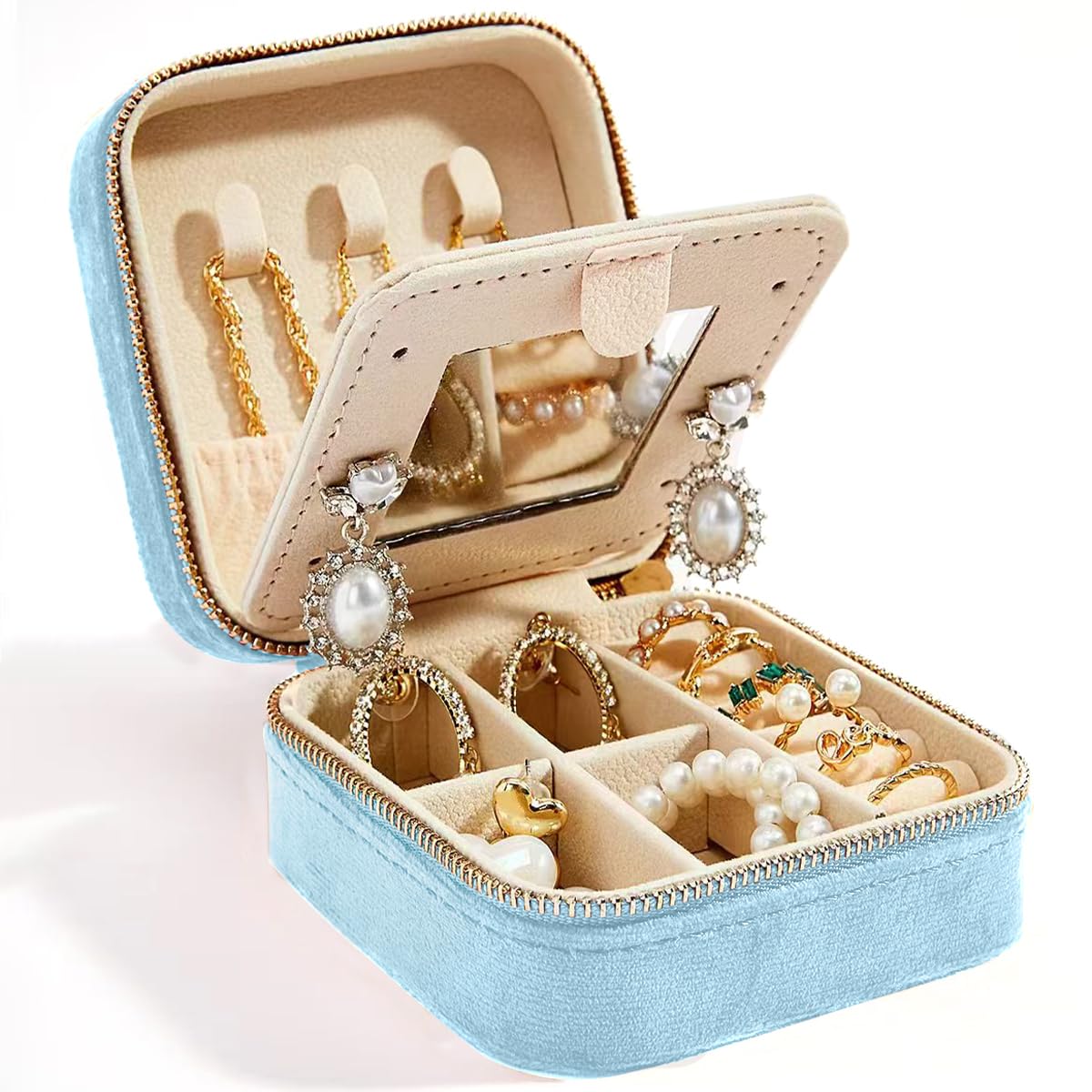 Mini Boîte à Bijoux De Voyage En Velours Pelucheux, Petite Boîte à Bijoux Portable, Cadeau Pour Filles Et Femmes, VOMNA (bleu Pervenche - Avec Miroir