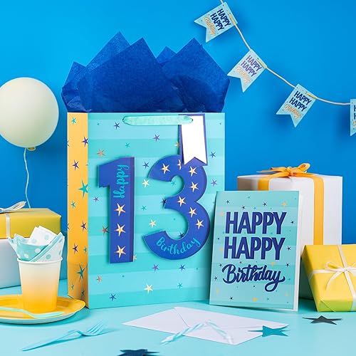 Miniatura 10 de Loveinside Bolsa de regalo azul de cumpleaños con papel de seda, etiqueta de regalo y tarjeta de felicitación para adolescentes, fiestas y más, 10 x