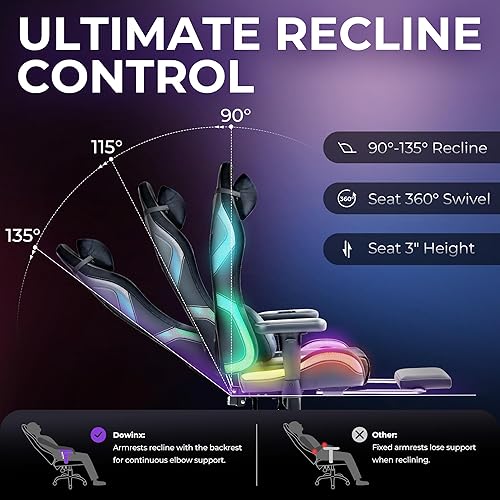 Miniatura 5 de Dowinx Silla de juegos con luces LED RGB, silla de juego ergonómica con reposapiés, soporte lumbar de masaje, silla de computadora para adultos y
