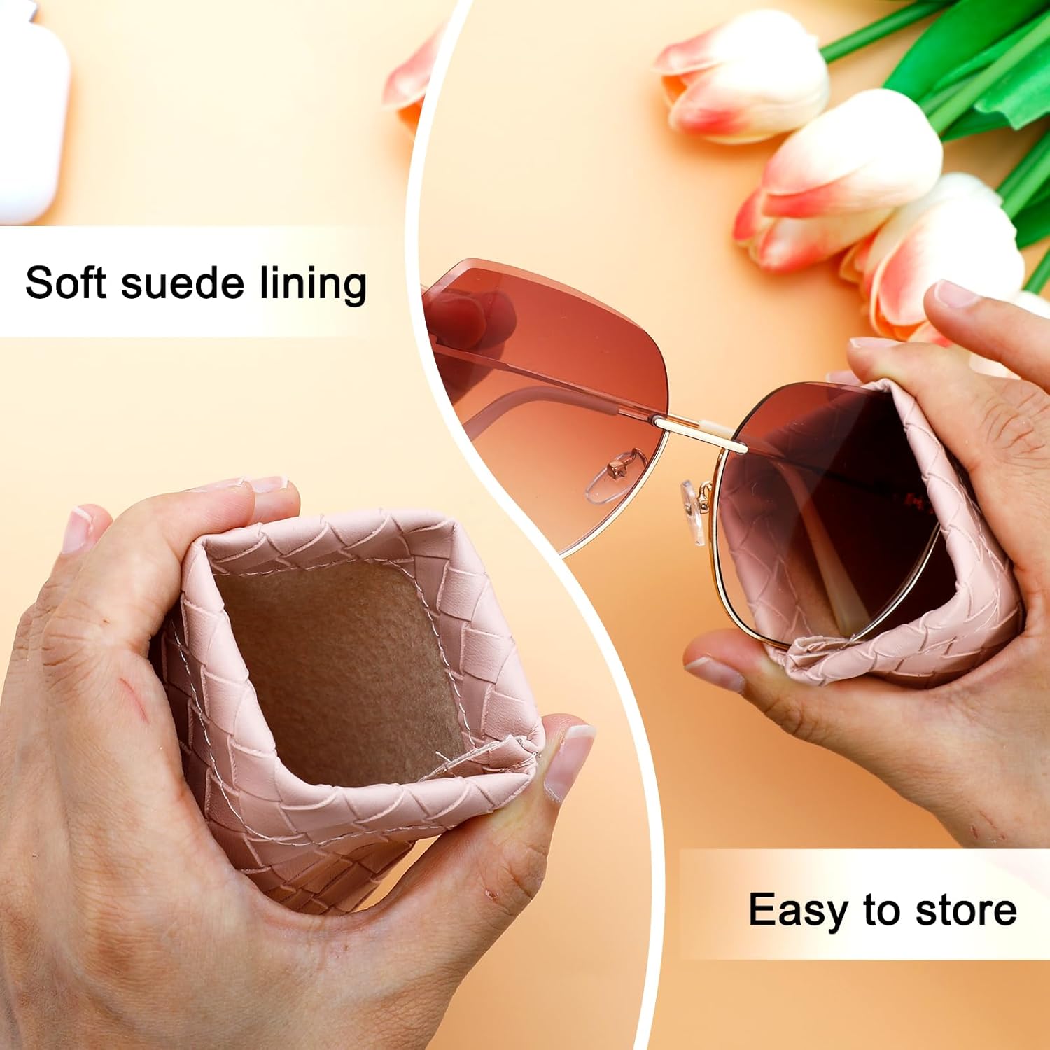 Goufaju 4 Pcs Soft Leather Squeeze Top Sunglass Case with Cleaning Cloth, Portable Eyeglass Pouch for Travel and Daily Use (Pink,Brown,Black,White & 4×Cleaning Cloth) - Image 3