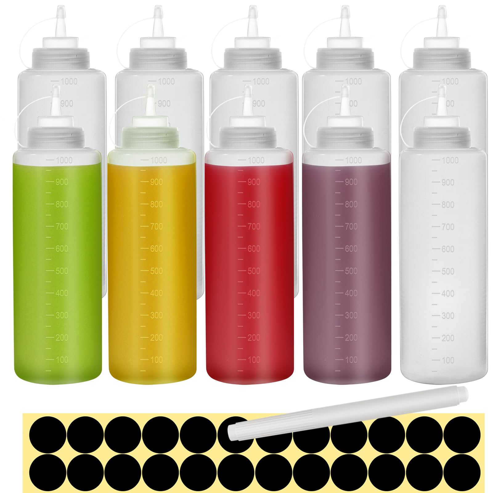 32oz Sauce Bottle, Happybase 10 Pack 1000ml Squeeze Bottle, Plastic Squeezy Sauce Bottles for Condiments Ketchup Syrup BBQ Sauce Mustard Salad Dressing
