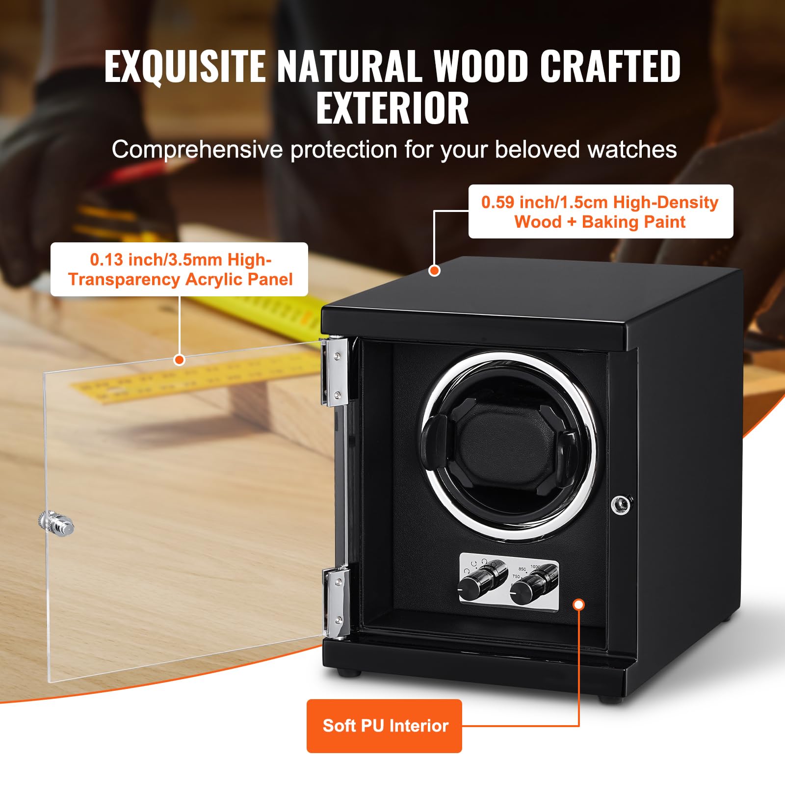 VEVOR Uhrenbeweger, Automatik-Uhrenbeweger, Watch Winder, Uhrenbeweger für Automatikuhren, Automatischer Uhrenbeweger mit Platz für 1 Uhr, LED Beleuchtung, 150–207 mm Einstellbare Riemenlänge