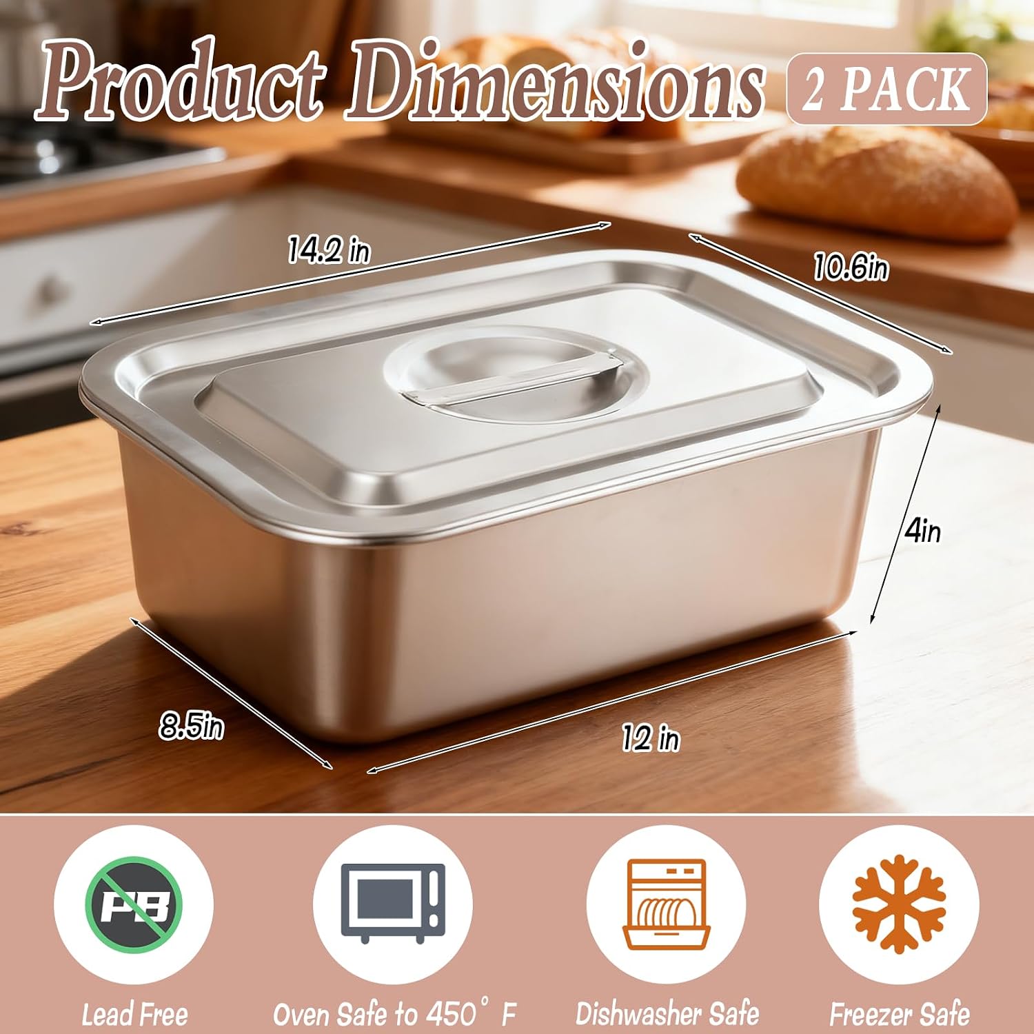 2 PACK 4 Inch Extra Deep Lasagna Baking Pan with Lid, 304 Stainless Steel Large Baking Dish Tray for Oven, 8.5x12 Inch Thick Metal Roasting Pan for Casserole Brownie Turkey (Silver, L)