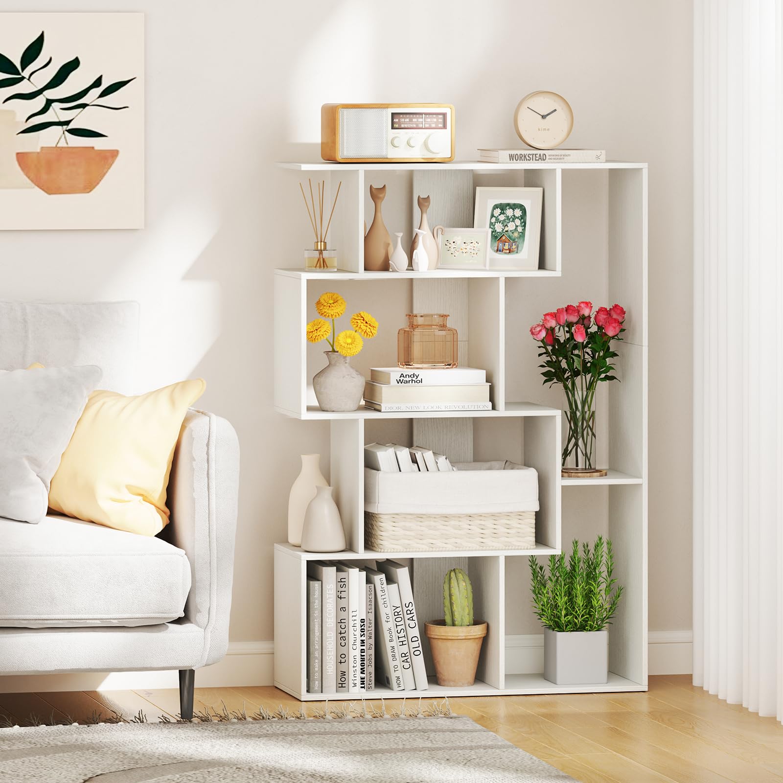 COSTWAY Libreria Geometrica Aperta, Scaffale a 6 Cubi con Kit Anti-Ribaltamento, Mensola Espositiva per Camera da Letto Studio Soggiorno, 80 x 30 x 119 cm (Bianco)