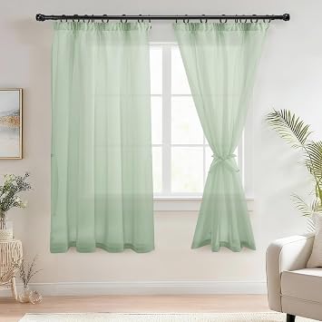 DWCN Voile Curtains with Ruffle Tape Transparent Curtains Green H 175 x