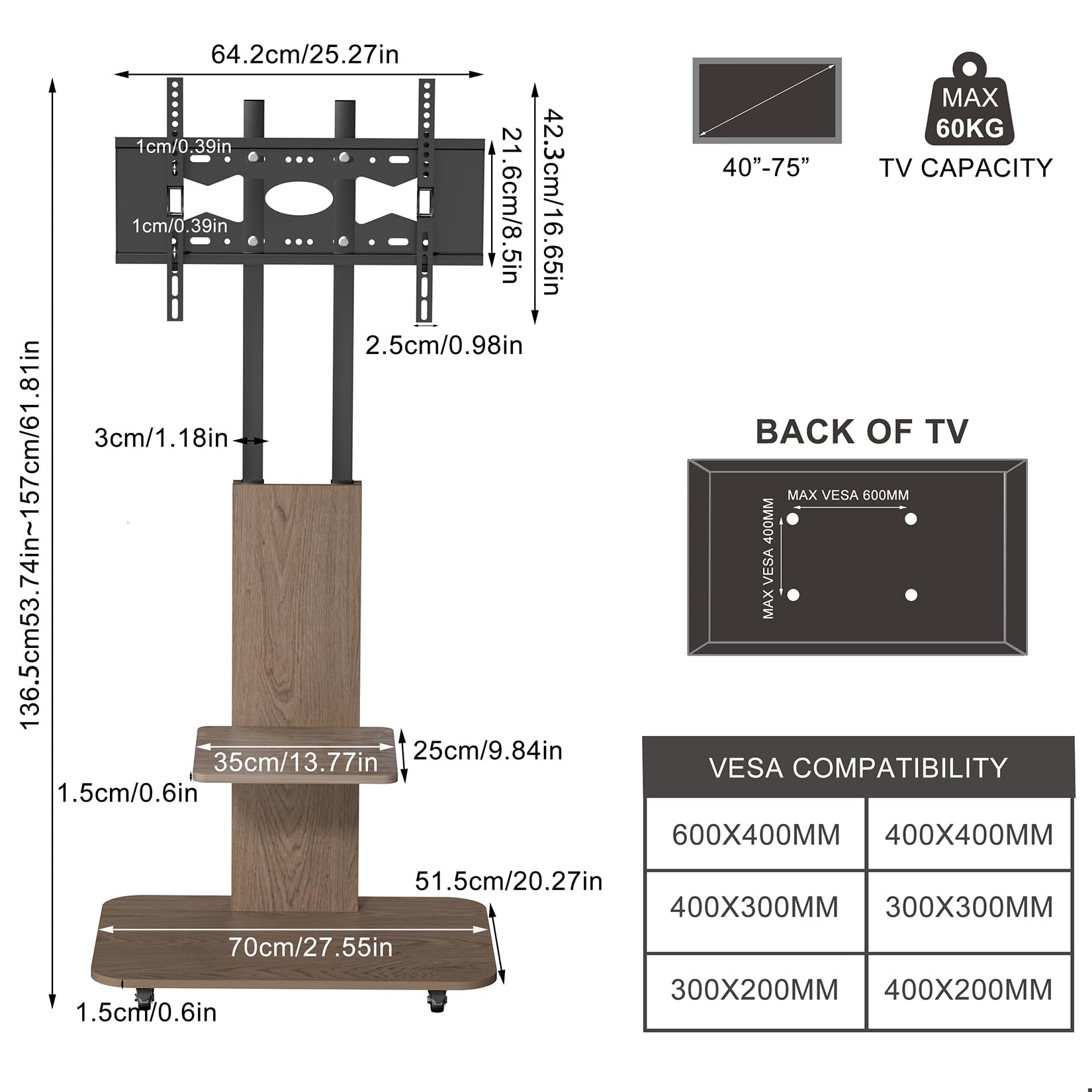 UNHO Soporte TV con Ruedas de Madera para 40-75 Pulgadas, Inclinación ±10° | Soporte Televisión Suelo Ajustable en Altura para LCD/LED, 2 Estantes, VESA 200x300 - 600x400 mm, Hasta 60 kg