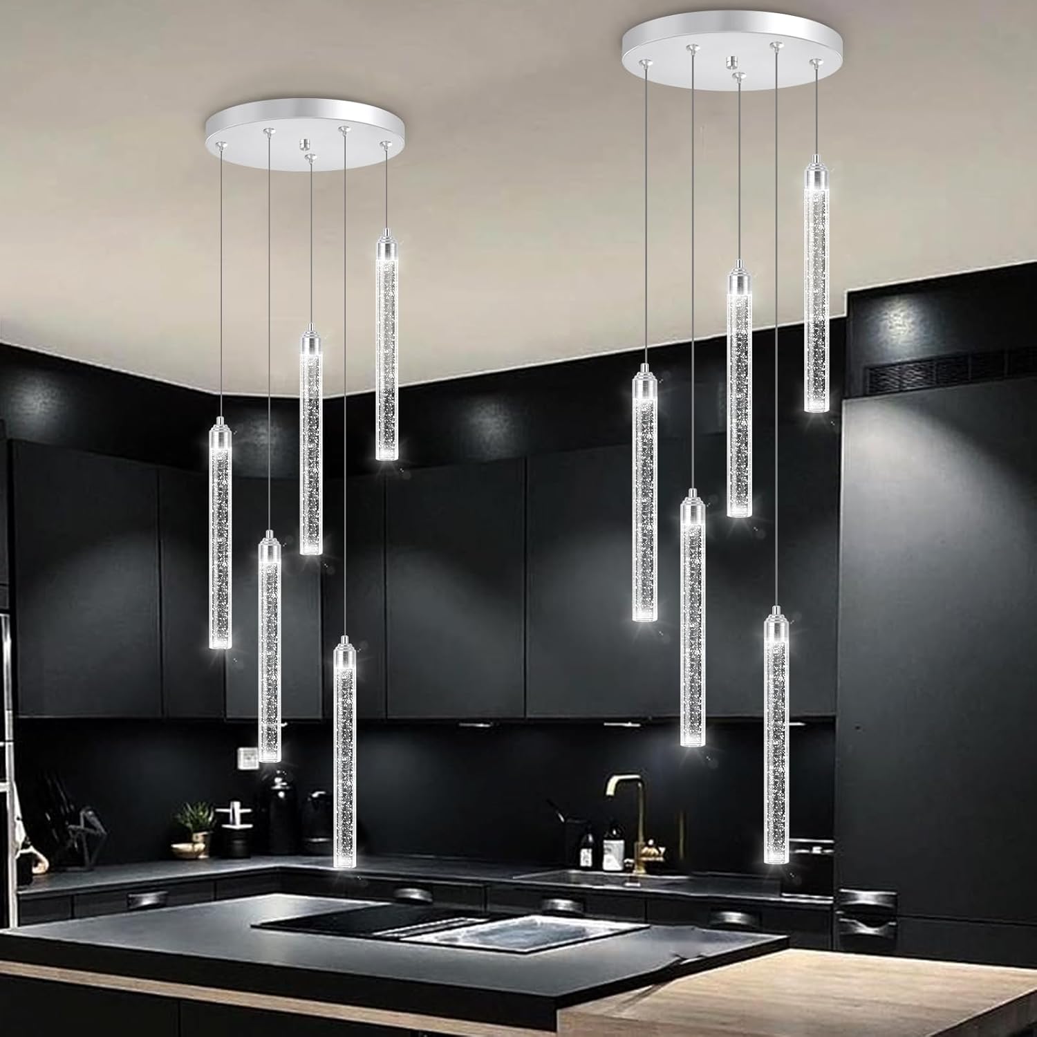 5 Light Mini Chandelier LED Pendant Lighting for Kitchen Island Modern Bubble Crystal Pendant Light Adjustable Pendant Light Fixture Chrome Ceiling Handing Lights for Dinning Room Bedroom 2700K 6000K 5 lights Silver