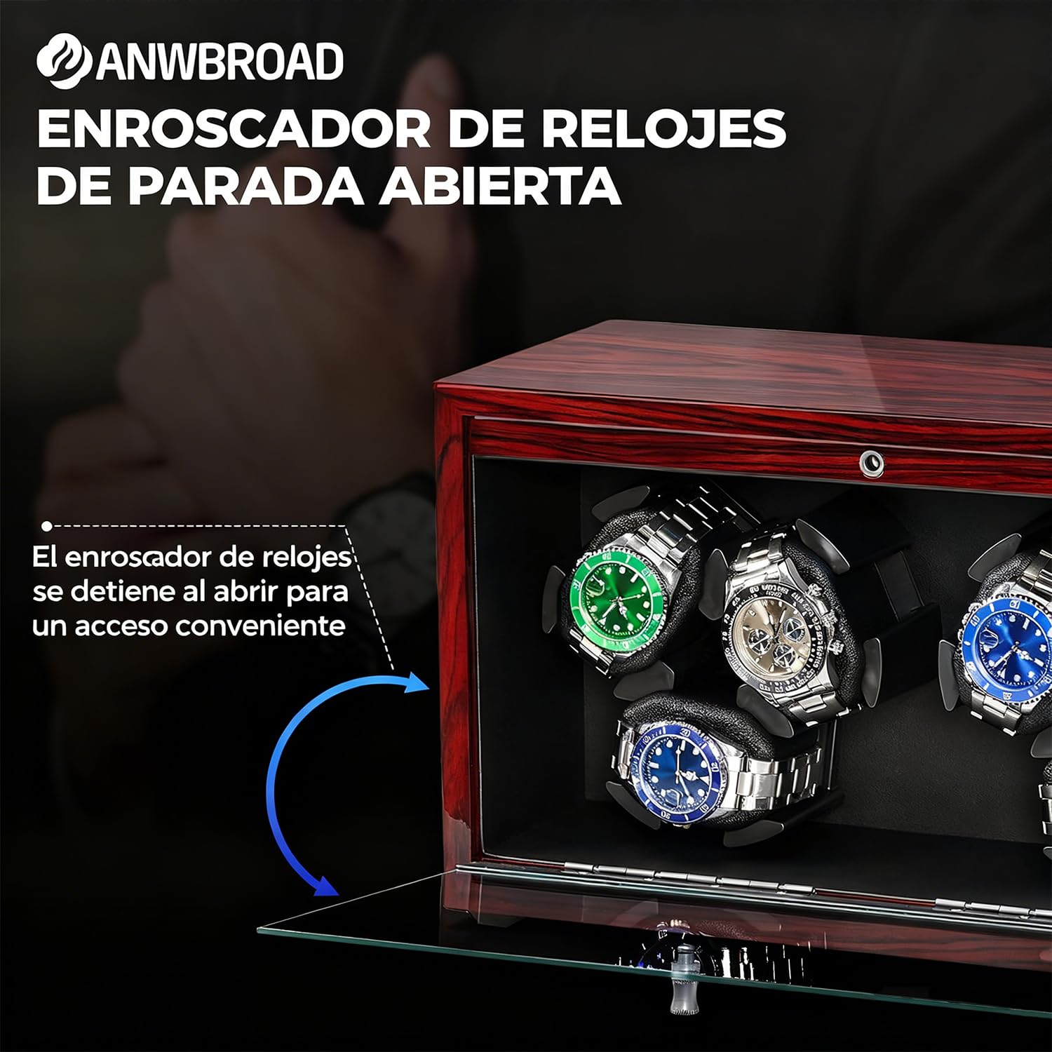 ANWBROAD Enrollador de reloj giratorio para 6 relojes con LED y motor súper silencioso, 4 modos de rotación, caja de bobinado, agitador con cable USB, regalo UJWW003Y