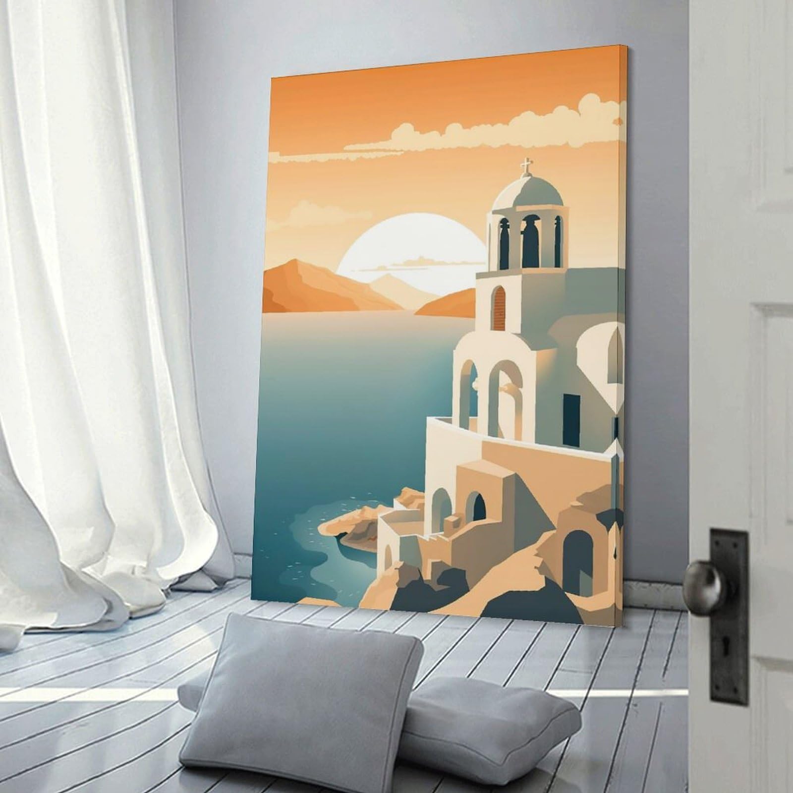 Junmoney Santorini Landscape Decorative Wall Artwork 20x30inch(50x75cm), for Living Room, Lounge Or Sitting Room, A Home Accent with Warm Character