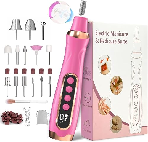 HengYuanler Professional Manicure Pedicure Kit Cordless Electric Nail File Set 6 Speed Cordless Nail Drill for Thick Nail Toenail Cuticle Hand Foot Care Nail Drill Tool(Rose)