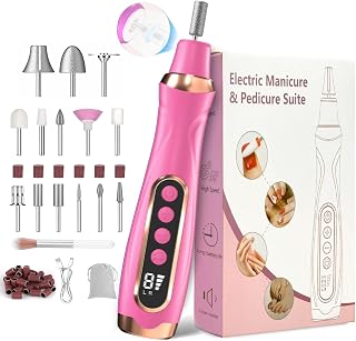 Professional Manicure Pedicure Kit Cordless Electric Nail File Set 6 Speed Cordless Nail Drill for Thick Nail Toenail Cuticle Hand Foot Care Nail Drill Tool(Rose)