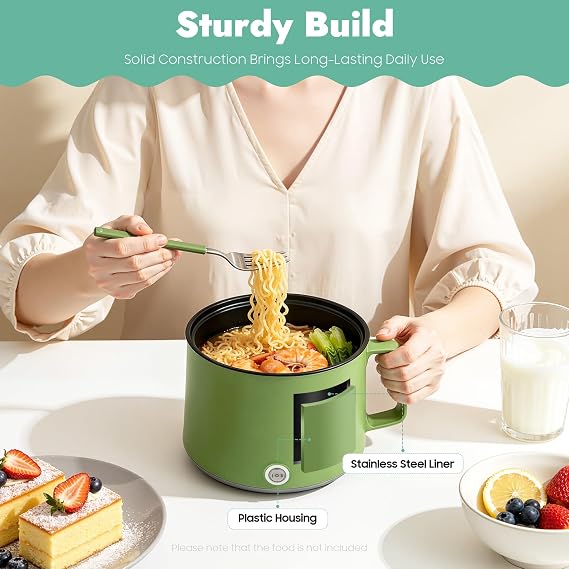 1.7L Versatile Electric Hot Pot with Steamer, Mini Electric Cooker (Green)