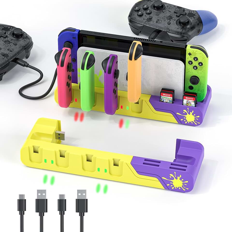 Switch Charging Station - Charges up to 6 Joycons with Game Card Storage Stand for Nintendo Switch & OLED Model Joycons (Designed for Splatoon 3)