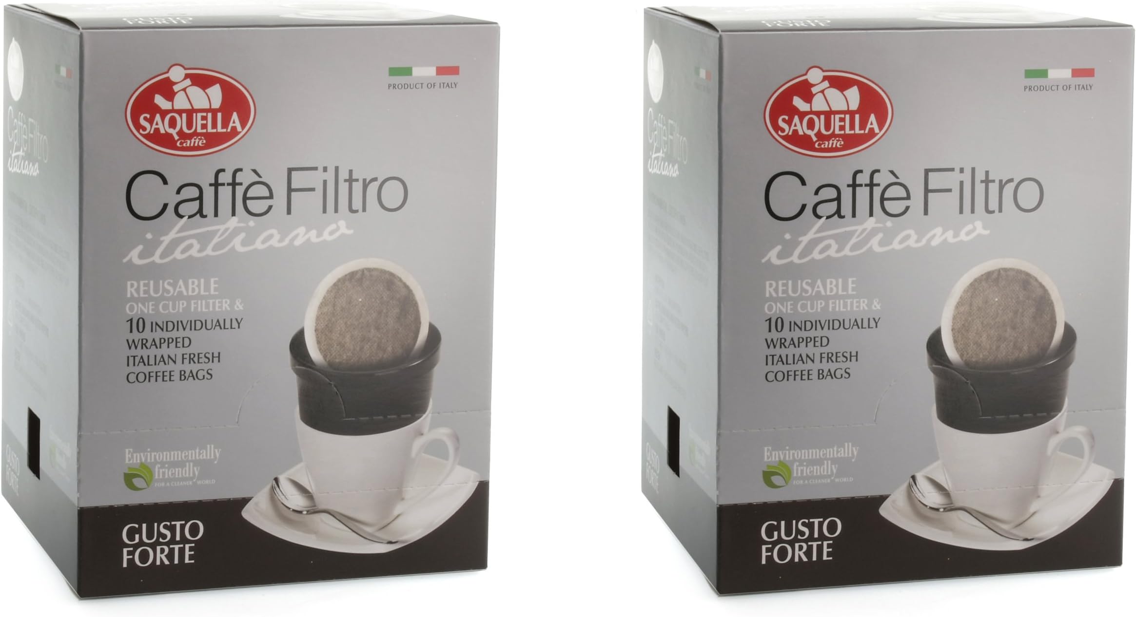 Saquella Caffe Filtro Italiano Gusto Forte Reusable One Cup Filter and 10 Coffee Bags x 2 Packs
