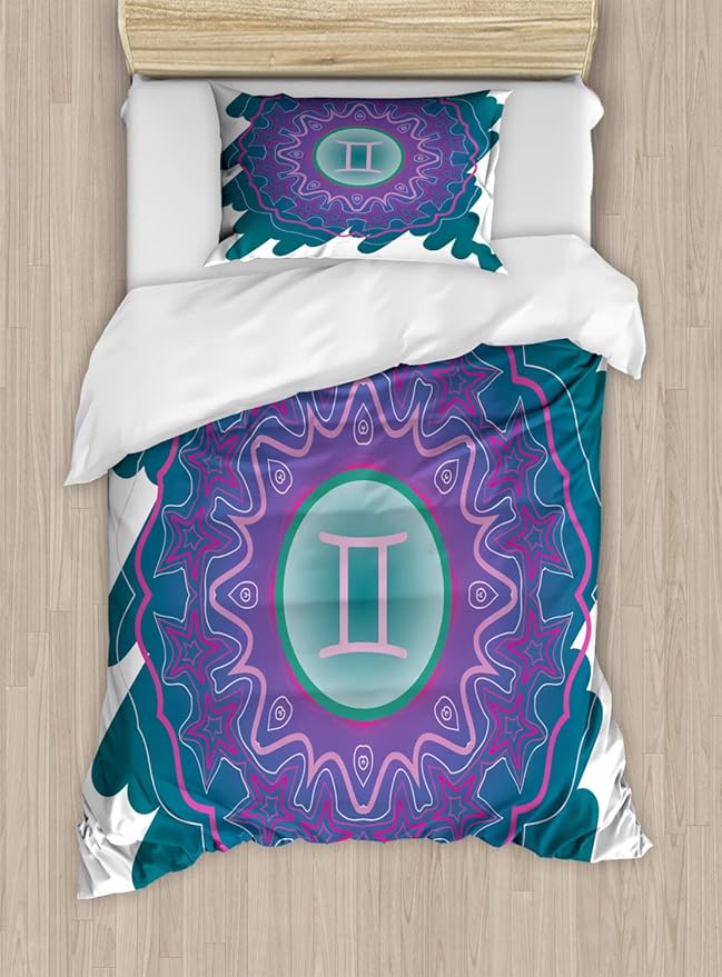 Ambesonne Zodiac Gemini Duvet Cover Sets, Doodle Style Mandala Round Pattern with Cosmic Sign and Scribble, Bedding Set with 2 Duvet Covers & 4 Pillowcases, 2 Pack King Size, Teal Pink and Green