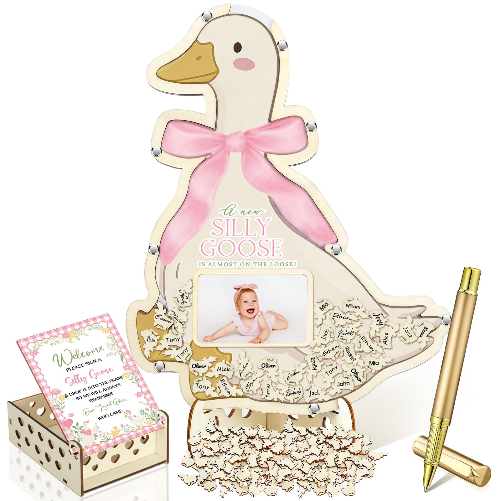 Wenqik 63 Pcs Silly Goose Girl Baby Shower Guest Book,Pink and Yellow