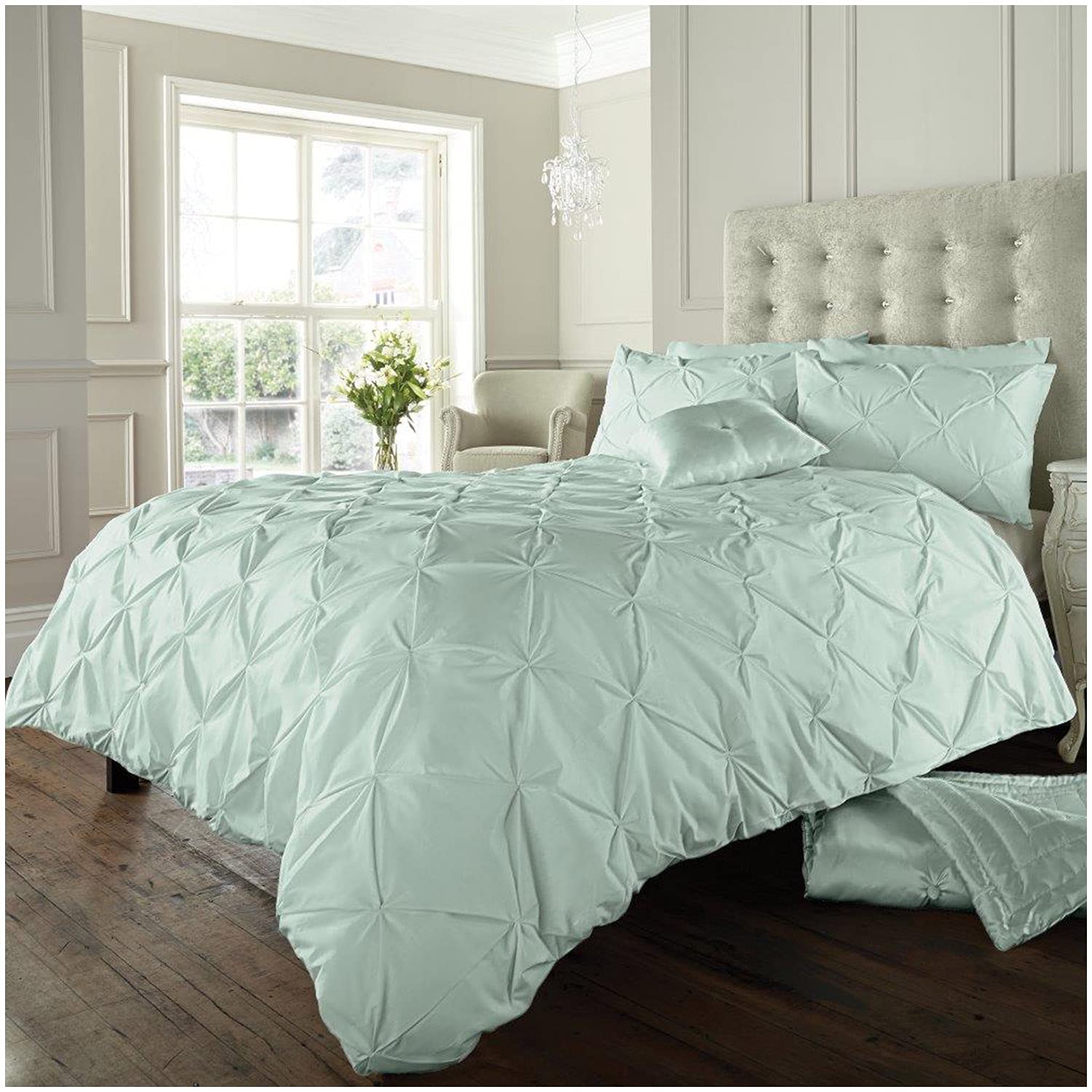 Gc Gaveno Cavailia Duck Egg Pintuck Duvet Cover, Polycotton Pleated Bedding Bed Set, King