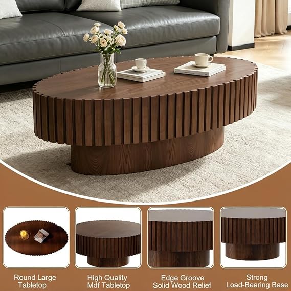 Oval Fluted Coffee Table Wood,Drum Center Table,Oval Walnut