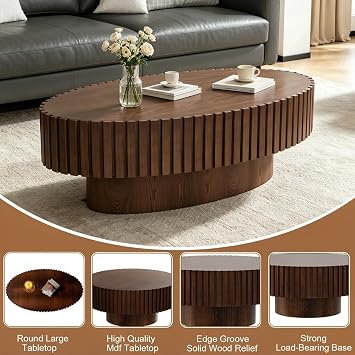 Oval Fluted Coffee Table Wood,Drum Center Table,Oval Walnut