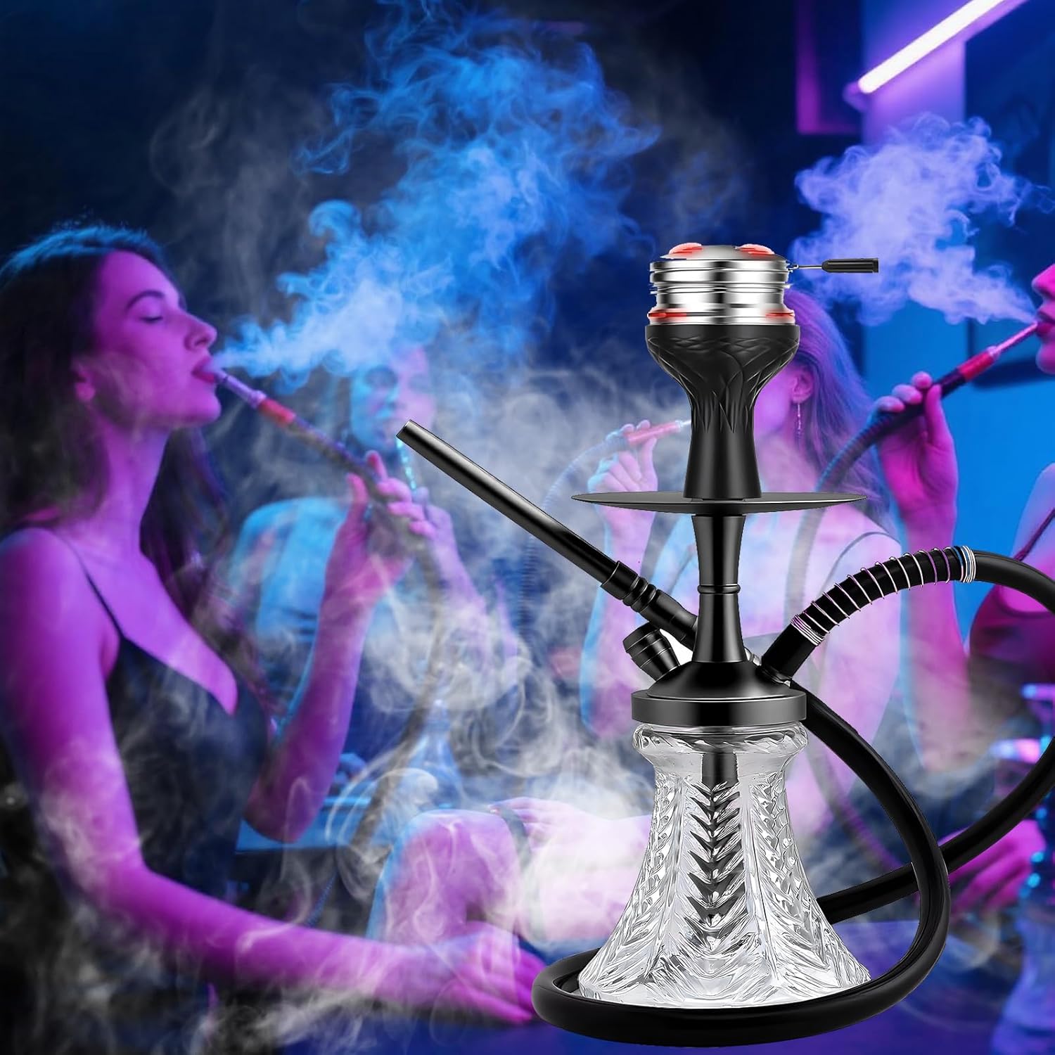 19.3" Premium Hookah Set - Portable Shisha Kit with Protective Carrying Case, Featuring Silicone Hose, Stainless Steel Bowl & Integrated Charcoal Tray (Black)