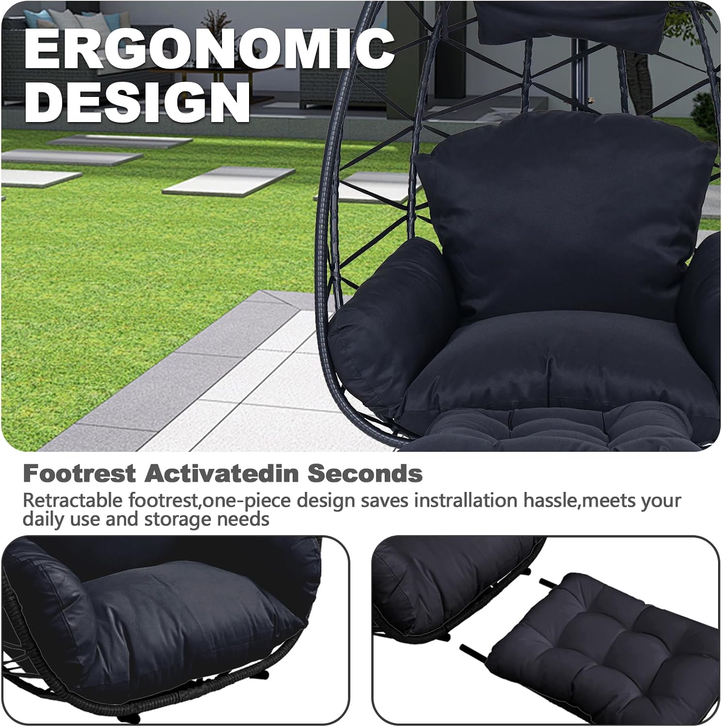 Hanging Egg Chair with Leg Rest and Stand – Rattan Wicker Swing Hammock Chair, UV-Resistant Cushion, 330 lbs Capacity Heavy-Duty Frame for Indoor & Outdoor Patio, Bedroom, Balcony, Garden (Black)