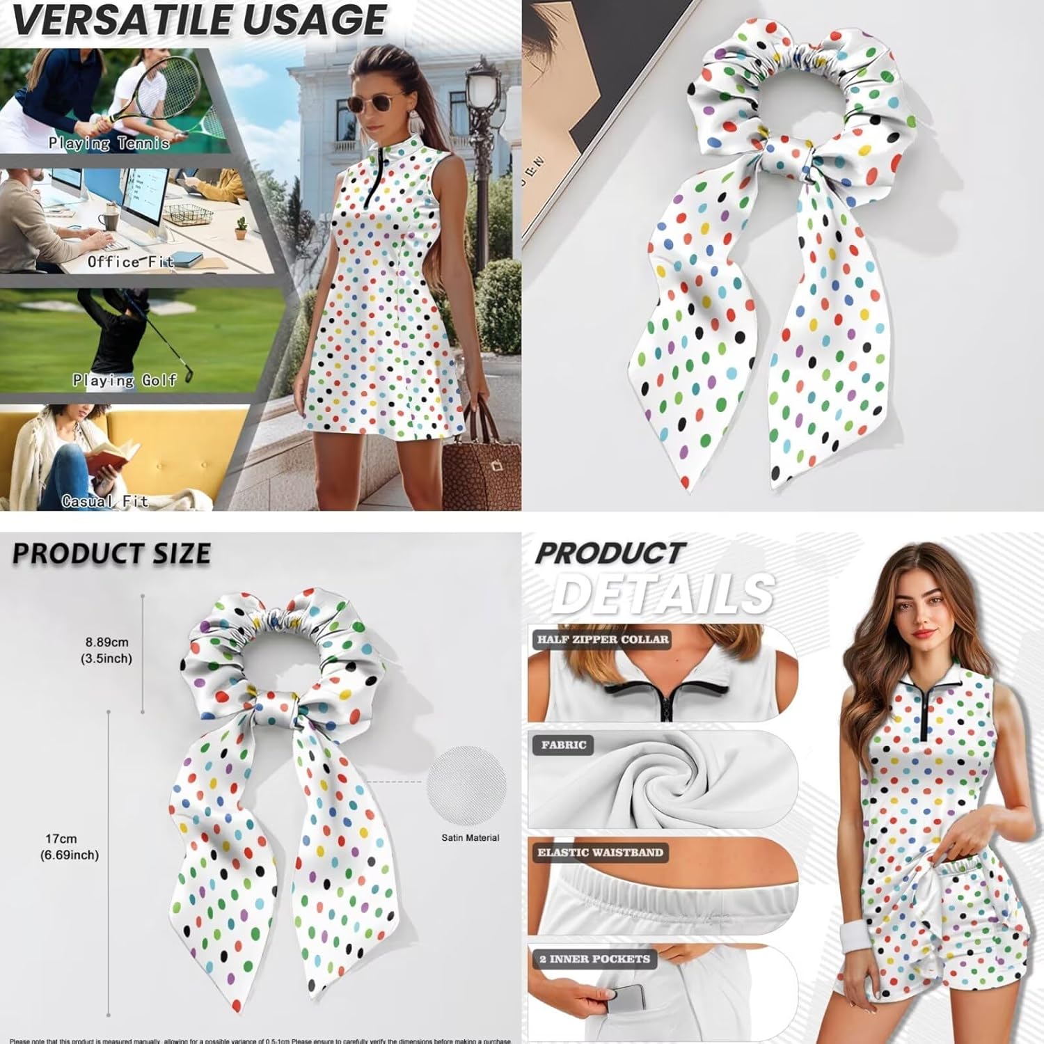 HUGS IDEA 3-Piece Set Tennis Dresses for Women with Shorts Pockets Sleeveless Golf Dresses with Bow Hair Tie for Sport