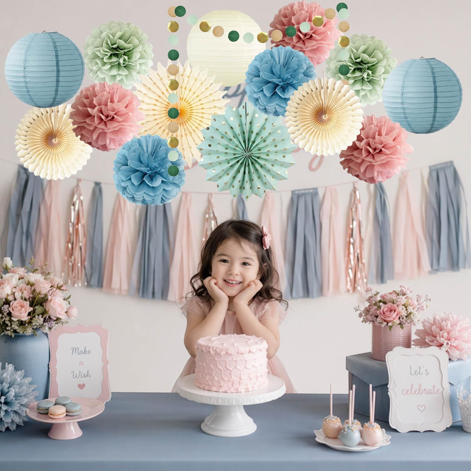 Dusty Rose Pink and Blue Party Decorations Dusty Blue Paper Lantern Sage Green Tissue Pom Poms Beige Paper Fans Circle Dot Garlands for Retro Gender Reveal Baby Shower Birthday Bridal Party Decoration