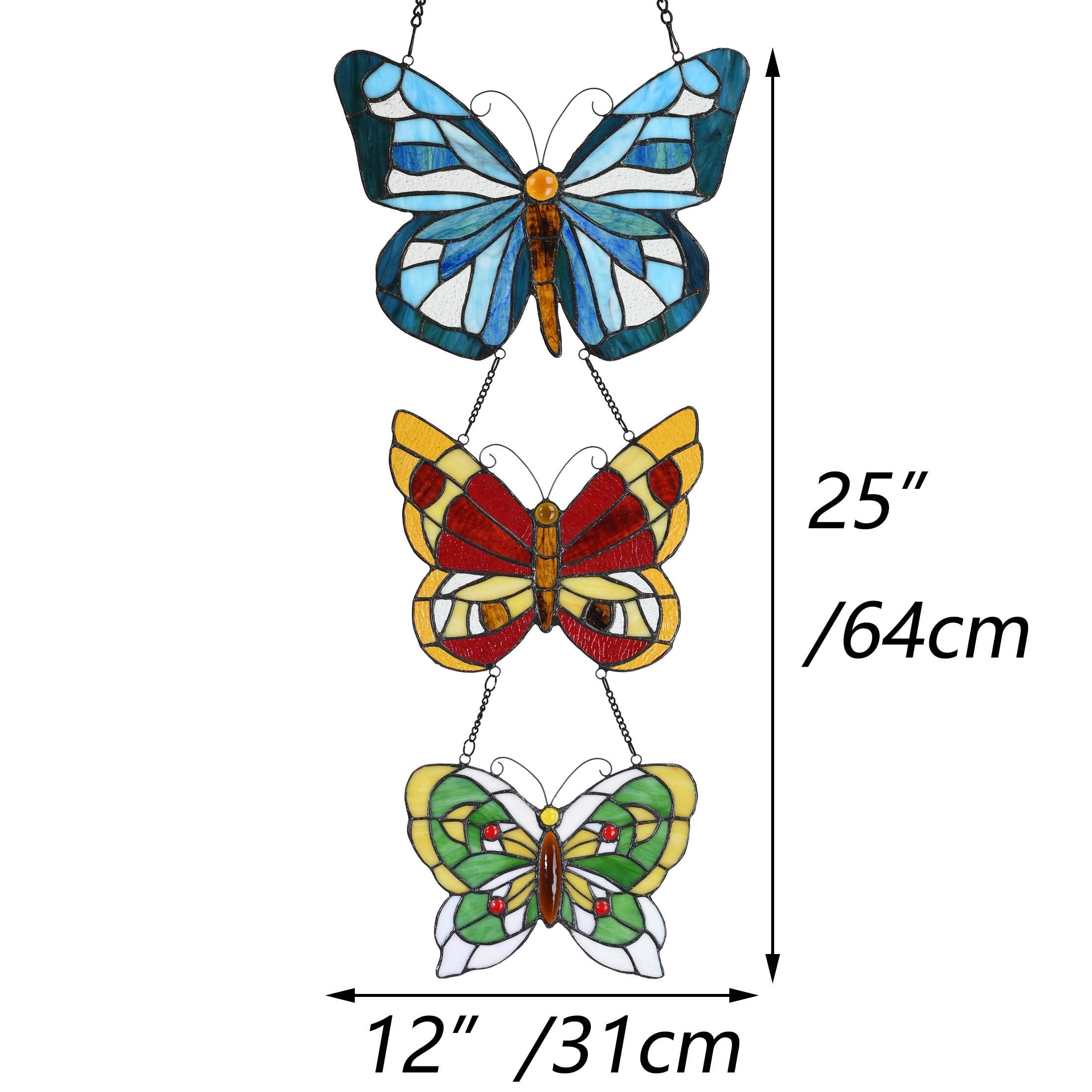 Bieye W10053 - Panel de vidrieras estilo mariposa Tiffany con 3 piezas para colgar sucesivamente dentro de cadenas, 12 pulgadas de ancho x 25 pulgadas de alto
