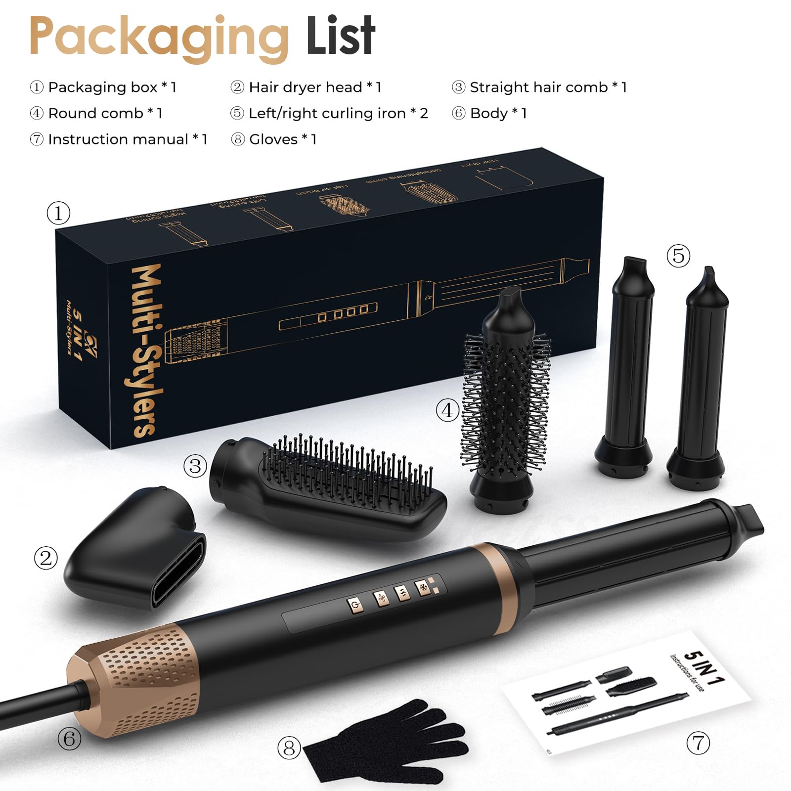 Journeyside Spazzola ad Aria Calda 5in1,Asciugacapelli ad Alta Velocità,1400W Airstyler Asciugacapelli Ioni,Spazzola per Capelli Multi con 3 Temperature&3 Velocità per Asciugare,Volumizzare,Lisciare