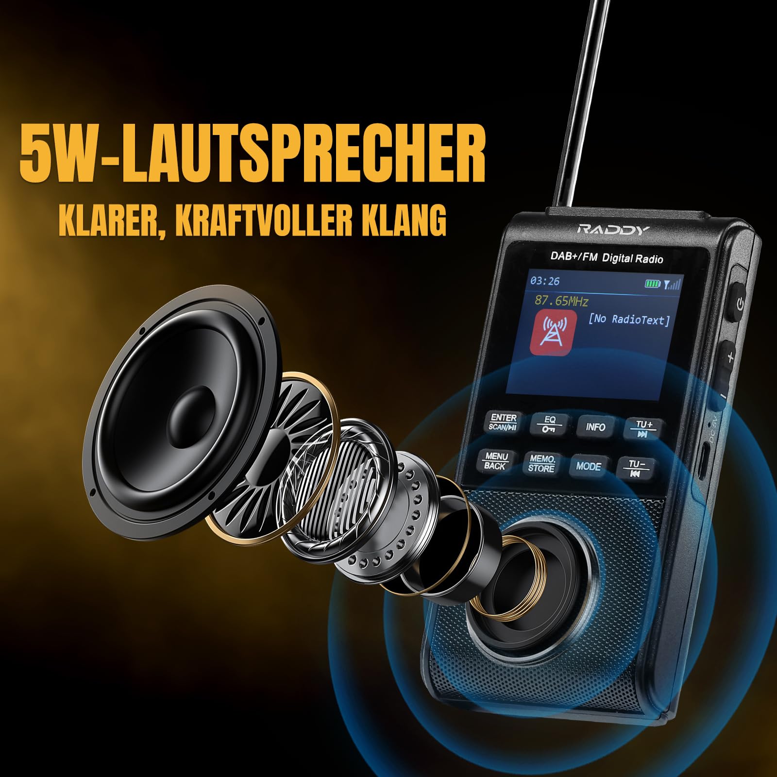 Raddy RD939 DAB+/FM Taschenradio mit Bluetooth 5.3, 5W Lautsprecher, USB-C | 80 Senderspeicher, 2-Zoll-Display, TF/USB-Wiedergabe, Doppelwecker und 1200mAh Akku für zuverlässigen Empfang unterwegs