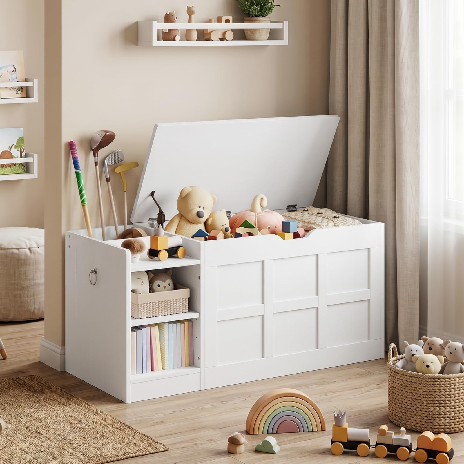 HOOBRO Coffre à Jouets avec Couvercle, Banc de Rangement avec 1 Charnière Amortie et 2 Poignées de Tirage, 100 x 40 x 48 cm, pour Chambre, Salon, Entrée, Blanc EWT480CW01