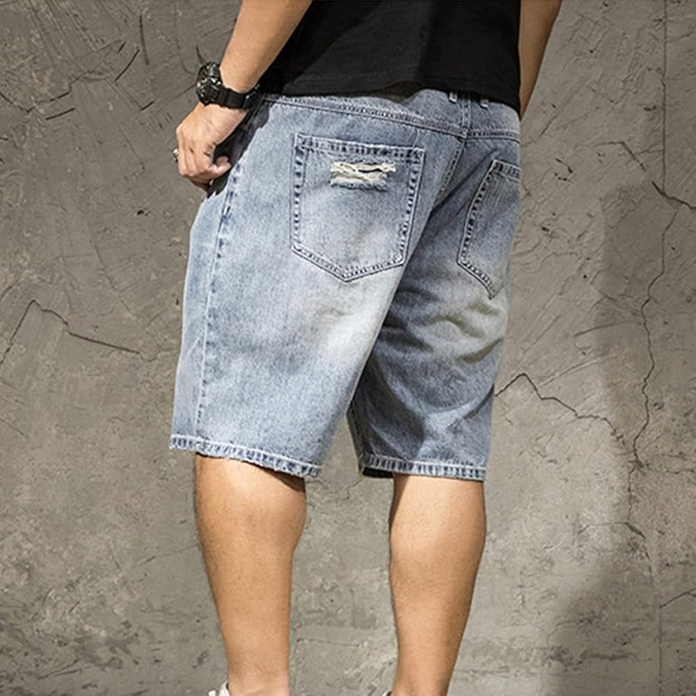Men's Loose Broken Hole Jeans Shorts Straight Leg Jean Cargo