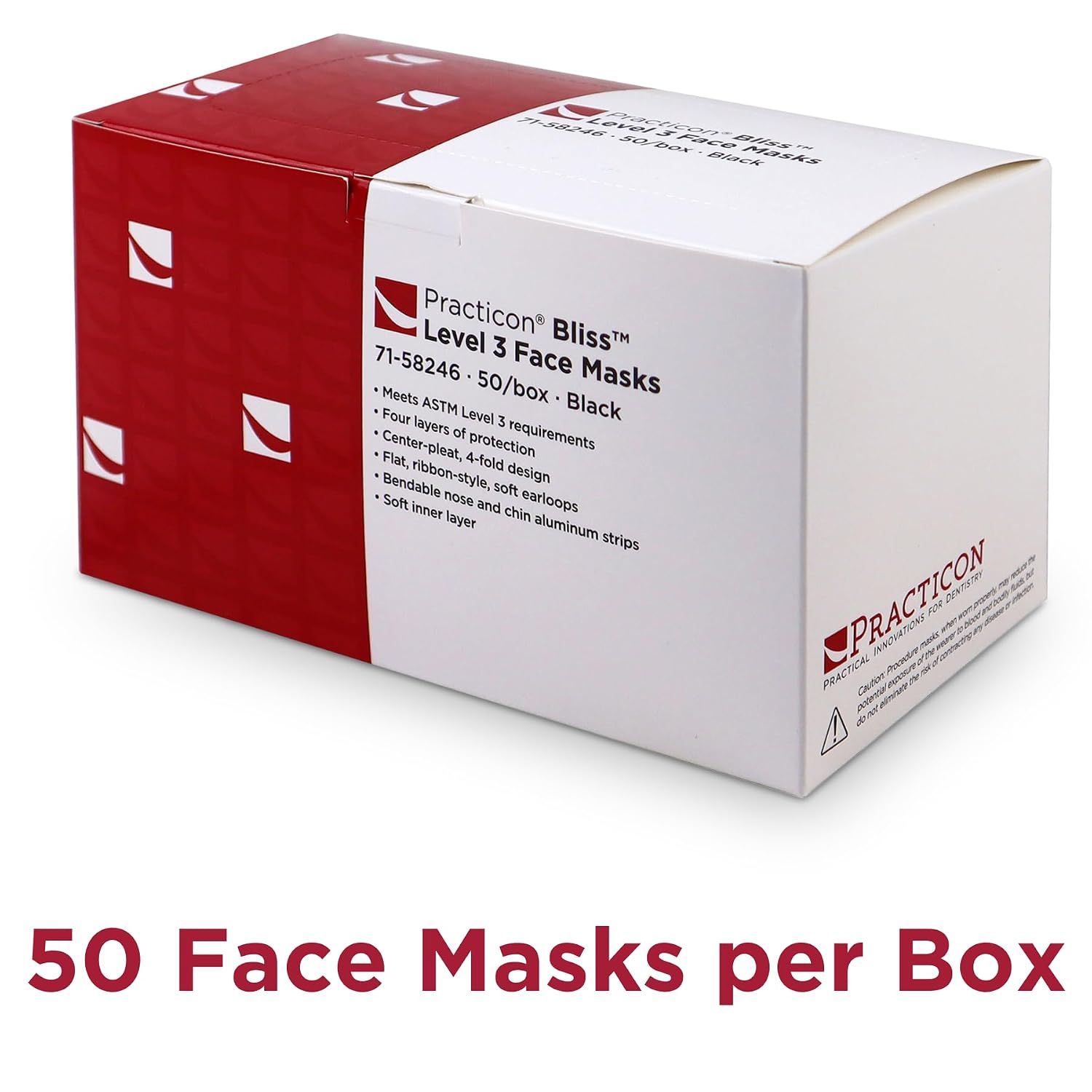 Practicon Bliss Black Level 3 Disposable 4 Ply Face Masks, Soft Comfort Stretch Earloops, Adjustable Nose & Chin Bar, Dispenser Box, 50 pack