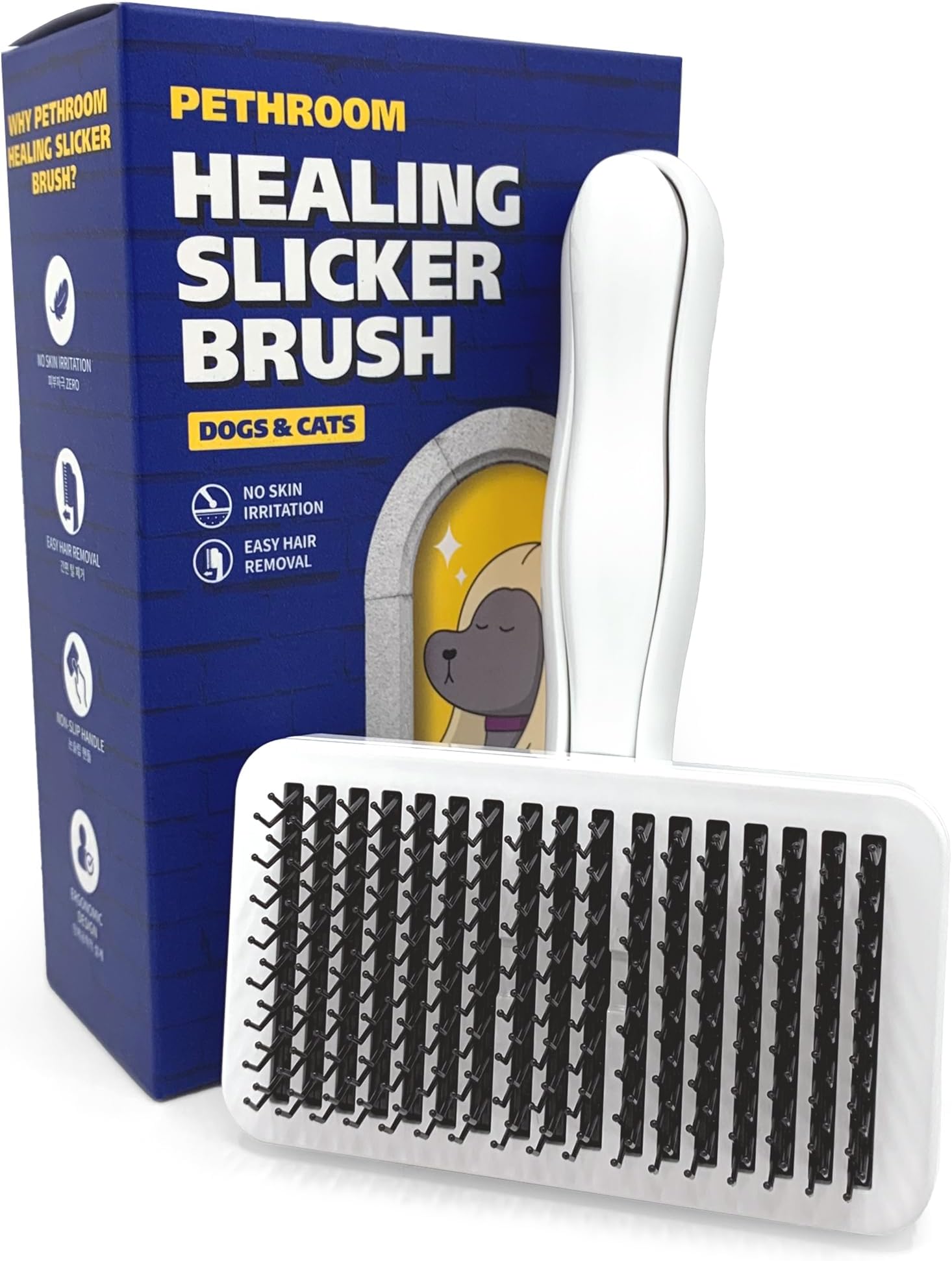 Pethroom Pethroom Healing Slicker Brush for Dogs and Cats | One Push Shedding Remover, Painless, Soft Type, Fully Washable | For Both Dogs and Cats