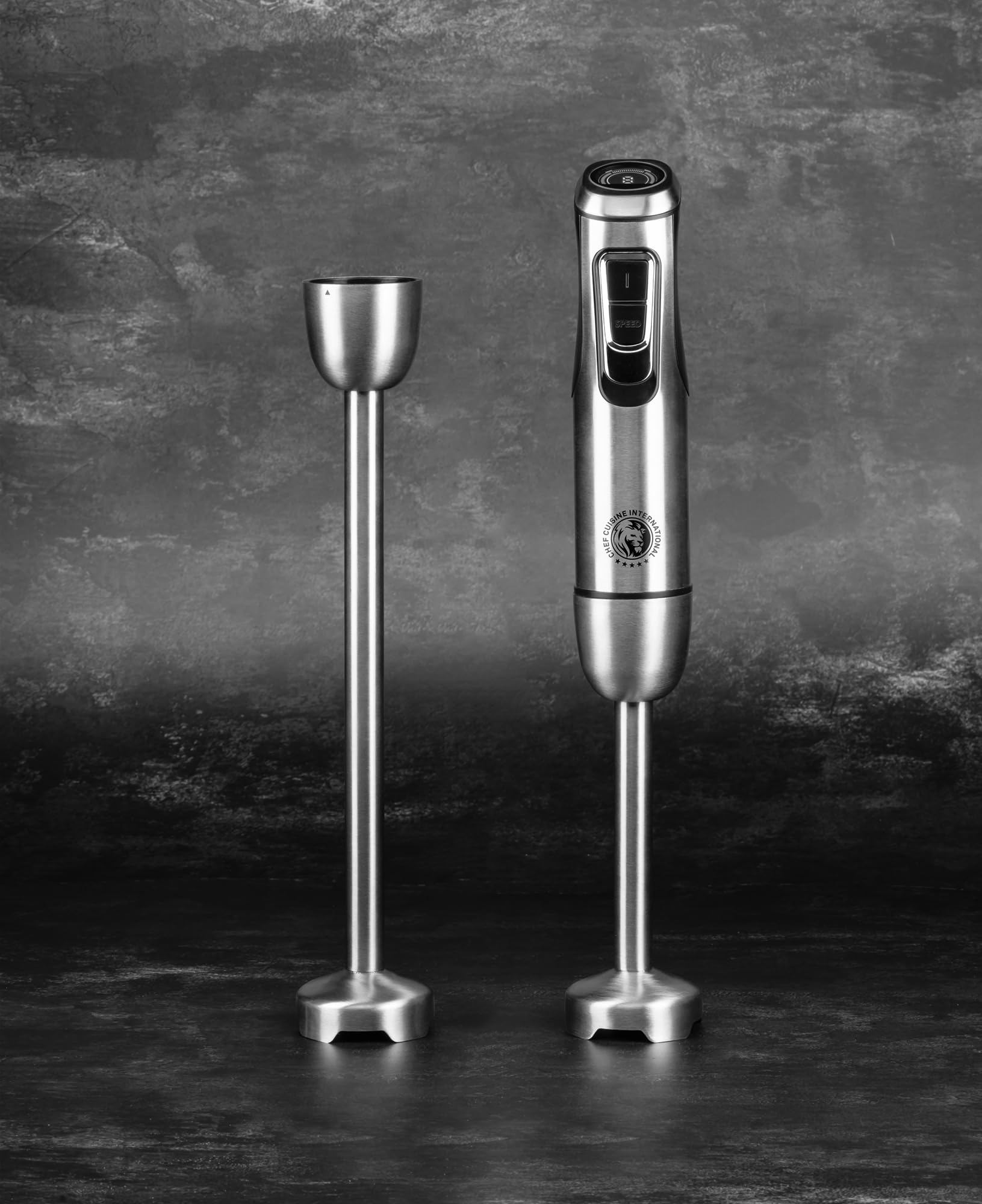 CHEF CUISINE Akku-Stabmixer, Edelstahl, 180W, 23.000 U/min, 9 Geschwindigkeitsstufen, 2x Pürierstäbe 20/30 cm, 600ml BPA-freier Mixbehälter, 2x 2600mAh Akku