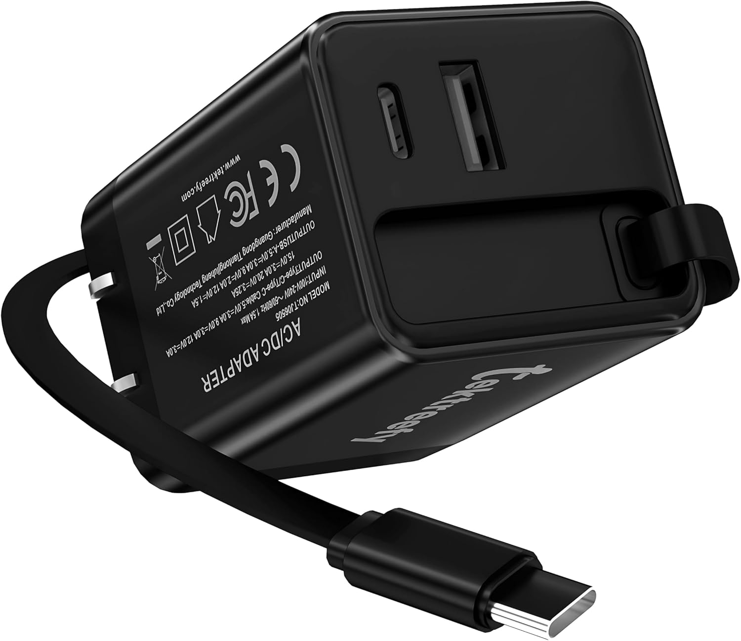 65W 3-in-1 GaN Supper Fast Charger with Retractable USB C Cable, Foldable Plug, USB-C & USB A Ports for iPhone 16/15, Galaxy S25/S24, Pixel, iPad, MacBook & Laptops (Black)