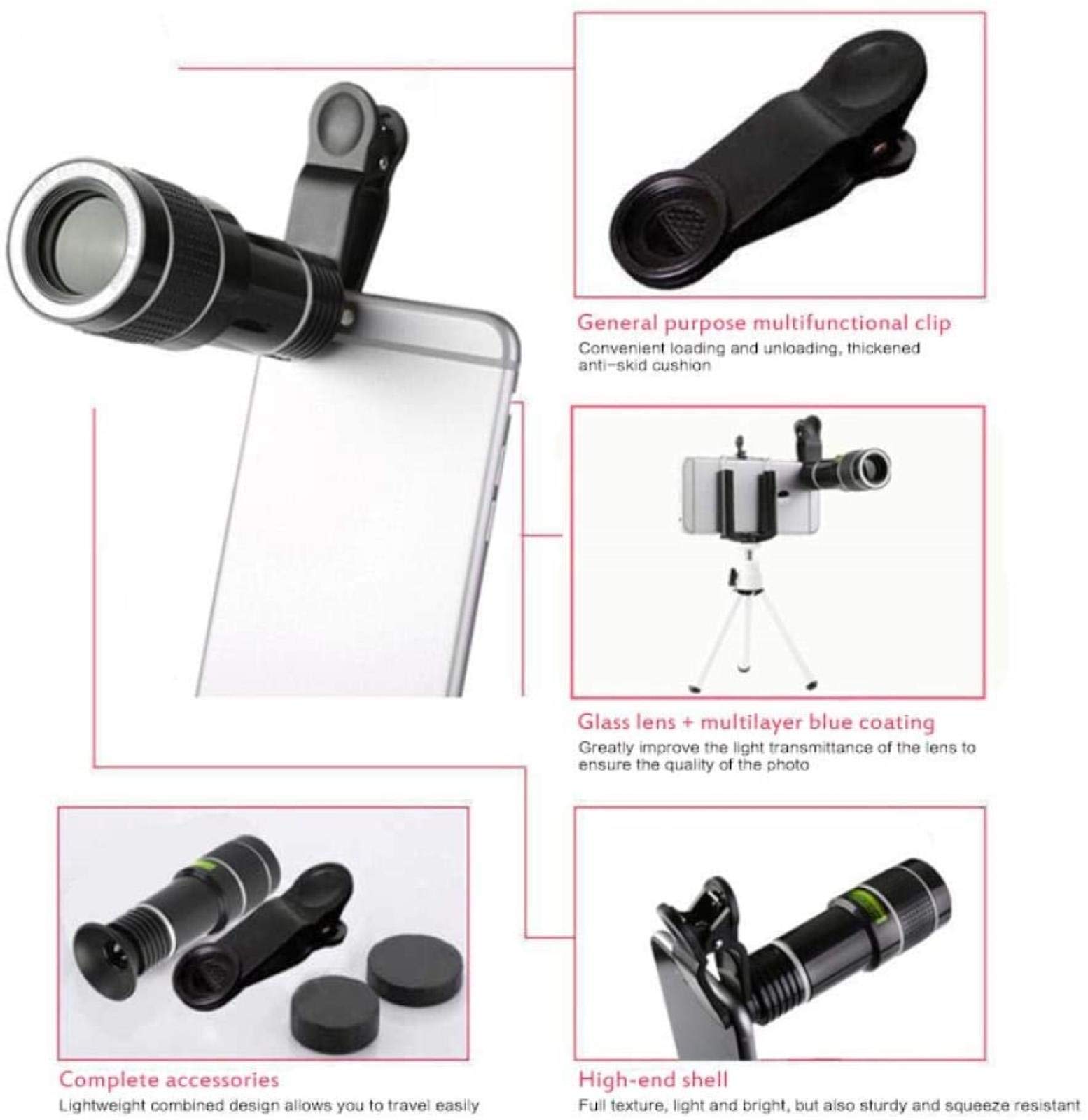 QTANZIQI Przenośna lornetka Obiektyw aparatu do telefonu komórkowego o dużej mocy Obiektyw aparatu zewnętrznego 20X Optyczny teleskop HD Obiektyw aparatu Zoom Clip-On do telefonu komórkowego