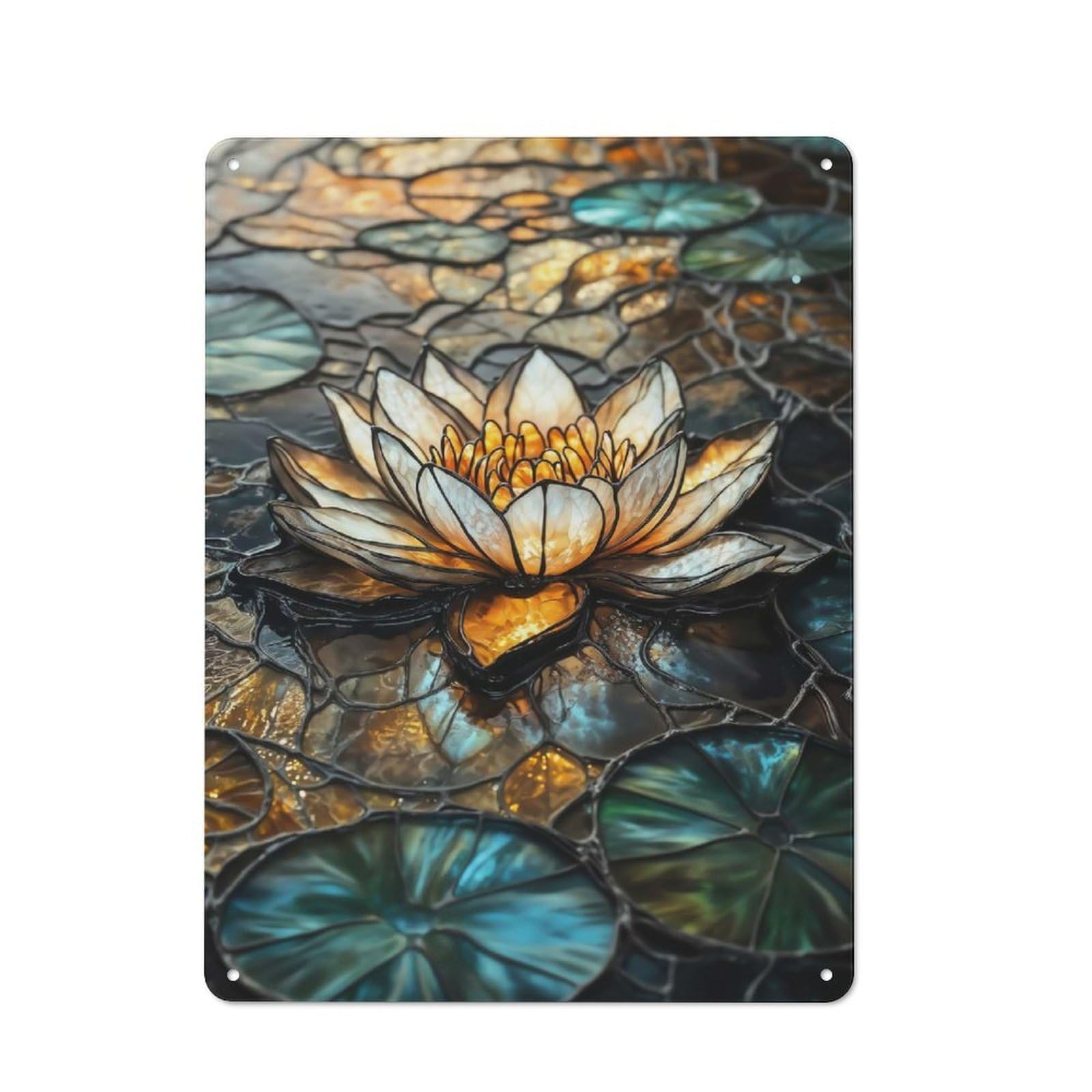 Junmoney Stained Glass Golden Lotus Rustic Metal Plaque 40X30cm For Studio Or Craft Room, Suited To Craft Room Decorators